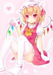 Rule 34 | 1girl, amashiro natsuki, animal ears, animal hands, ascot, bad id, bad pixiv id, blonde hair, blush, cat ears, cat tail, dress, flandre scarlet, gloves, hat, hat ribbon, heart, looking at viewer, mob cap, open mouth, panties, paw gloves, paw shoes, pink background, puffy short sleeves, puffy sleeves, red eyes, ribbon, shoes, short hair, short sleeves, simple background, sitting, solo, spoken heart, tail, thighhighs, touhou, underwear, wings