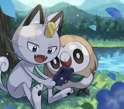 Rule 34 | :d, alolan form, alolan meowth, cellphone, commentary request, creatures (company), day, falling petals, fangs, game freak, gen 7 pokemon, grass, holding, holding phone, kienai 11, lake, looking down, nintendo, no humans, open mouth, outdoors, petals, phone, pokemon, pokemon (creature), rowlet, sitting, smile, tongue, tree, water