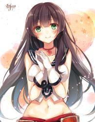 Rule 34 | 1girl, agano (kancolle), black hair, blunt bangs, breasts, gloves, green eyes, kantai collection, large breasts, long hair, looking at viewer, midriff, one-hour drawing challenge, school uniform, signature, skirt, solo, steepled fingers, toosaka asagi, white gloves