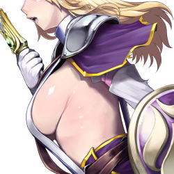 Rule 34 | 1girl, armor, belt, blonde hair, blush, breasts, capelet, close-up, dress, elbow gloves, from side, gem, gloves, halterneck, head out of frame, holding, large breasts, lips, long hair, misonou hirokichi, namco, no bra, nose blush, open mouth, pauldrons, shield, shiny skin, shoulder armor, sideboob, simple background, solo, sophitia alexandra, soul calibur, soulcalibur i, strap, strap gap, sword, torn clothes, turtleneck, upper body, weapon, white background, white gloves