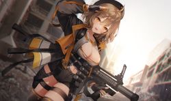 Rule 34 | 1girl, ammunition, ammunition belt, anis (nikke), arm up, belt, black gloves, black jacket, black shorts, black thighhighs, breasts, brown hair, chromatic aberration, cleavage, cowboy shot, crop top, dutch angle, explosive, fingerless gloves, gloves, goddess of victory: nikke, grenade, grenade cartridge, grenade launcher, gun, highres, holding, holding gun, holding weapon, jacket, large-caliber cartridge, large breasts, long sleeves, looking at viewer, medium hair, midriff, milkor mgl, navel, open clothes, open jacket, open mouth, orange eyes, outdoors, post-apocalypse, revolver grenade launcher, salute, shirt, short shorts, shorts, smile, solo, standing, thigh strap, thighhighs, thighs, weapon, weri, white shirt