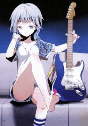Rule 34 | 1girl, absurdres, barefoot, between toes, artistic error, feet, guitar, highres, instrument, plectrum, silver hair, soles, solo, fender stratocaster, tiv, toes, wrong foot
