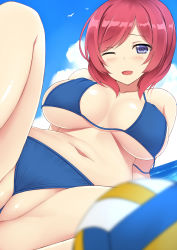 Rule 34 | 10s, 1girl, alternate breast size, ball, between labia, bikini, blue bikini, blush, breasts, cleft of venus, fat mons, female focus, gradient background, highres, huge breasts, looking at viewer, love live!, love live! school idol project, lying, mizunashi kenichi, navel, nishikino maki, on back, one eye closed, partially visible vulva, purple eyes, pussy, red hair, short hair, sideboob, smile, solo, spread legs, stomach, swimsuit, thighs, uncensored, underboob, untied bikini, volleyball, volleyball (object), wedgie