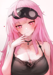 Rule 34 | 1girl, blush, breasts, heart, heart-shaped eyes, highres, hololive, hololive english, large breasts, long hair, looking at viewer, mori calliope, mori calliope (sleepwear), pink hair, psypolo d, red eyes, sleep mask, smile, solo, virtual youtuber