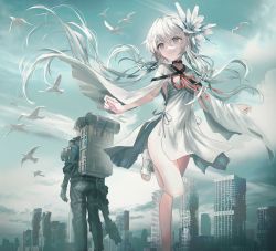 Rule 34 | 1boy, 1girl, backpack, bag, black choker, black jacket, black pants, blue eyes, blue sky, building, choker, closed mouth, cloud, commentary request, copyright request, day, dress, floating hair, gun, hair between eyes, highres, jacket, long hair, long sleeves, looking away, looking to the side, outdoors, pants, red ribbon, ribbon, ruins, shoes, sky, skyscraper, smile, split mouth, standing, standing on one leg, swav, toeless footwear, very long hair, weapon, white dress, white footwear, white hair