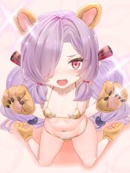 Rule 34 | 1girl, animal ears, animal hands, bikini, blush, breasts, claws, collarbone, commentary request, fake animal ears, fangs, full body, gloves, gold bikini, granblue fantasy, hair over one eye, hair over shoulder, hair ribbon, highres, kneeling, long hair, looking at viewer, low-tied sidelocks, meshiya, navel, niyon (granblue fantasy), open mouth, paw gloves, paw shoes, petite, pink eyes, purple hair, ribbon, small breasts, solo, striped ribbon, swimsuit, twintails, very long hair