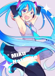 Rule 34 | 1girl, :d, aqua eyes, aqua hair, armpits, arms behind head, arms up, bare shoulders, black footwear, black thighhighs, blush, boots, breasts, character name, detached sleeves, floating hair, grey background, hair ribbon, hatsune miku, highres, kawahara chisato, leg up, long hair, looking at viewer, necktie, open mouth, pleated skirt, ribbon, shirt, skindentation, skirt, sleeveless, sleeveless shirt, small breasts, smile, solo, sparkle, thigh boots, thighhighs, twintails, very long hair, vocaloid, zettai ryouiki
