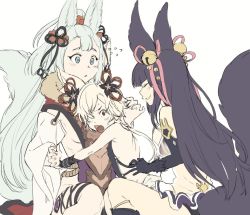 Rule 34 | 1boy, 2girls, animal ears, backless outfit, blue eyes, blush, breasts, cleavage, detached sleeves, erune, fox ears, fox tail, granblue fantasy, hair ornament, hair over one eye, kou (granblue fantasy), long hair, multiple girls, open mouth, sideboob, silver hair, smile, societte (granblue fantasy), sunao (souis), tail, very long hair, yellow eyes, yuel (granblue fantasy)