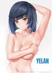 Rule 34 | 1girl, absurdres, arm behind head, arm up, armpits, besmiled, black hair, blue hair, blush, bob cut, braid, breasts, character name, collarbone, covering privates, covering breasts, diagonal bangs, genshin impact, green eyes, highres, large breasts, looking at viewer, mole, mole on breast, multicolored hair, navel, nude, revision, short hair, smile, solo, two-tone hair, upper body, yelan (genshin impact)