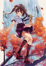Rule 34 | 1girl, autumn leaves, bag, belt, black belt, black necktie, black skirt, black socks, bow, branch, breasts, brown bag, brown eyes, brown hair, buttons, collared shirt, eyes visible through hair, flying, frills, geta, grey background, grey shirt, hair between eyes, hair bow, hands up, hat, heart, highres, himekaidou hatate, leaf, long hair, looking at viewer, medium breasts, necktie, no wings, non-web source, open mouth, phone, plaid, plaid skirt, puffy short sleeves, puffy sleeves, purple bow, purple hat, purple skirt, red footwear, scenery, shirt, shnva, shoes, short sleeves, skirt, socks, solo, tengu-geta, tokin hat, touhou, tree, twintails, water, waterfall