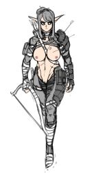 Rule 34 | 1girl, archery, armor, arrow (projectile), artist request, bandaged arm, bandaged leg, bandages, between breasts, bow (weapon), breast tattoo, breasts, buckle, cleft of venus, detached sleeves, elf, female soldier, full body, grey hair, highres, holding, holding bow (weapon), holding weapon, knife, large breasts, looking to the side, military uniform, navel, nipples, nude, pauldrons, pointy ears, ponytail, pouch, pussy, quiver, reverse outfit, scar, scar on chest, shoulder armor, soldier, solo, strap between breasts, tactical clothes, tattoo, thigh strap, uniform, vambraces, walking, weapon, white background