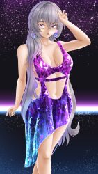 Rule 34 | 1girl, :o, absurdres, arms up, breasts, breasts apart, bronya rand, crystal dress, dress, ear piercing, glitter, grey eyes, grey hair, highres, honkai: star rail, honkai (series), large breasts, looking at viewer, medium breasts, multicolored clothes, multicolored dress, open mouth, piercing, shiny clothes, simple background, solo, sparkle, takie arts