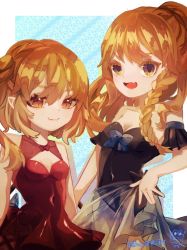 Rule 34 | 2girls, alternate costume, alternate hairstyle, bare shoulders, black one-piece swimsuit, blonde hair, blue background, braid, breasts, closed mouth, collarbone, commentary request, fang, flandre scarlet, hair between eyes, impossible clothes, kirisame marisa, long hair, looking at viewer, medium hair, multiple girls, navel, no headwear, one-piece swimsuit, open mouth, orange eyes, pointy ears, red one-piece swimsuit, shizen no wasabi chadzuke, simple background, single braid, skin fang, small breasts, smile, swimsuit, touhou, yellow eyes
