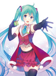 Rule 34 | 1girl, aqua hair, bad id, bad pixiv id, black gloves, black thighhighs, blue eyes, elbow gloves, gift, gloves, green hair, hatsune miku, long hair, looking at viewer, midriff, navel, open mouth, ousaka nozomi, outstretched arm, skirt, solo, thighhighs, twintails, very long hair, vocaloid