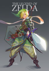 Rule 34 | 1boy, armor, bandages, belt, belt buckle, blonde hair, blue eyes, boots, bow (weapon), buckle, earrings, gauntlets, gloves, gradient background, hair over one eye, hat, holding, holding shield, holding sword, holding weapon, jewelry, link, male focus, master sword, medium hair, nintendo, pauldrons, pink scarf, scabbard, scarf, see you, sheath, shield, shoulder armor, signature, slingshot (weapon), solo, sword, the legend of zelda, triforce, weapon