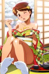 Rule 34 | 1girl, accident, between breasts, blush, breasts, brown eyes, brown hair, chopsticks, cleavage, dark-skinned female, dark skin, floral print, flower, food, hair flower, hair ornament, holding, holding chopsticks, holding food, japanese clothes, kimono, knees up, large breasts, long sleeves, non-web source, off shoulder, official art, open mouth, photoshop (medium), shiny skin, short hair, sitting, solo, star (symbol), star print, super real mahjong, tabi, tanaka ryou, toono mizuki, wince