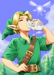 Rule 34 | 1boy, absurdres, belt, belt buckle, blonde eyebrows, blonde hair, blue eyes, blue sky, bottle, buckle, child, cloud, collared shirt, day, drinking, elf, eyebrows, fairy, fairy wings, green hat, green tunic, hand on own hip, hat, highres, holding, link, looking at viewer, male focus, milk bottle, nature, navi, nintendo, one eye closed, outdoors, phrygian cap, pointy ears, shirt, short hair, short sleeves, sky, solo, the legend of zelda, the legend of zelda: ocarina of time, tree, tunic, upper body, wing collar, wings, young link