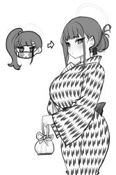Rule 34 | 1girl, arrow (symbol), bag, blue archive, blush, chibi, earrings, greyscale, halo, handbag, japanese clothes, jewelry, kimono, looking at viewer, mask, monochrome, mouth mask, nago purin, piercing, ponytail, print kimono, side ponytail, sukeban (smg) (blue archive), white background