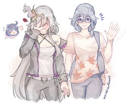 Rule 34 | 3girls, :d, afterimage, bare shoulders, blue eyes, blush, breasts, brown shirt, camisole, chibi, chibi inset, collarbone, commentary, covering face, cropped legs, english commentary, fu hua, fu hua (herrscher of sentience), fu hua (valkyrie accipiter), glasses, grey hair, grey jacket, grey nails, grey pants, hair between eyes, hair ornament, hairclip, holding hands, honkai (series), honkai impact 3rd, jacket, long hair, looking at viewer, medium breasts, multiple girls, nail polish, notice lines, open clothes, open jacket, open mouth, pants, red-framed eyewear, seele vollerei, shirt, short sleeves, signature, simple background, smile, sunnyvaiprion, very long hair, waving, white background, white camisole, yuri
