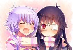 Rule 34 | 2girls, :d, ^ ^, bad id, bad nicoseiga id, bare shoulders, black hair, blush, character request, closed eyes, eyepatch, closed eyes, hair tubes, long hair, moe on drop, multiple girls, open mouth, purple hair, scarf, shared clothes, shared scarf, smile, vocaloid, voiceroid, yuzuki yukari