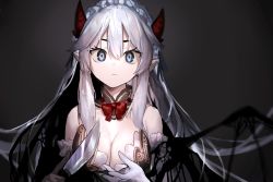Rule 34 | 1girl, absurdres, breasts, cleavage, commentary, demon horns, detached collar, english commentary, expressionless, gloves, gradient background, highres, holding, holding knife, horns, indie virtual youtuber, knife, looking at viewer, maid headdress, medium breasts, neonbeat, open hand, pointy ears, solo, vei (vtuber), vei (vtuber) (4th costume), virtual youtuber, white gloves, white hair
