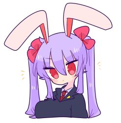 Rule 34 | 1girl, alternate hairstyle, animal ears, blazer, blouse, bow, breasts, collared shirt, hair bow, highres, jacket, large breasts, light purple hair, long hair, looking at viewer, necktie, op na yarou, purple hair, rabbit ears, red bow, red eyes, red necktie, reisen udongein inaba, shirt, simple background, solo, touhou, twintails, white background, white shirt
