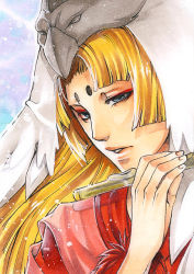 Rule 34 | 1boy, androgynous, blonde hair, blue eyes, eyeliner, facial mark, flute, forehead mark, instrument, long hair, makeup, male focus, mask, md5 mismatch, ookami (game), resized, resolution mismatch, solo, source smaller, upper body, upscaled, ushiwakamaru (ookami), yaichino