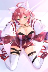 Rule 34 | 1girl, :d, absurdres, ahoge, animal hood, blush, boots, breasts, cat hood, cleavage, green eyes, hair ornament, hairclip, highres, hololive, hood, large breasts, long sleeves, open mouth, pink hair, sakura miko, sakura miko (work), shimo (shimo332215), short hair, short shorts, shorts, sitting, smile, solo, thigh boots, thigh strap, thighhighs, thighs, virtual youtuber, wariza, white thighhighs