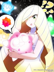Rule 34 | 10s, 1girl, ?, ??, bare arms, bare shoulders, blonde hair, blush, commentary, creatures (company), dragonith, dress, game freak, gen 7 pokemon, green eyes, hair over one eye, highres, holding, long hair, lusamine (pokemon), mario (series), minior, minior (blue core), minior (core), minior (green core), minior (red core), minior (yellow core), multicolored clothes, multicolored dress, multicolored hair, nail polish, nintendo, pokemon, pokemon (creature), pokemon sm, short dress, sleeveless, sleeveless dress, star bits, super mario galaxy, two-tone hair, very long hair, watermark, web address, yellow nails