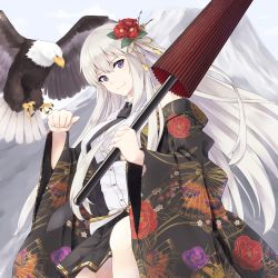 Rule 34 | 1girl, animal on arm, azur lane, bald eagle, belt, bird, bird on arm, black belt, black neckwear, black skirt, blouse, breasts, clenched hand, closed umbrella, cloud, collared shirt, commentary request, cowboy shot, eagle, enchuu, enterprise (azur lane), fan print, floral print, flower, hair flower, hair ornament, head tilt, highres, holding, holding umbrella, japanese clothes, kimono, large breasts, leg up, long hair, looking at viewer, mountain, necktie, no headwear, no shoes, off shoulder, oil-paper umbrella, open clothes, open kimono, pleated skirt, print kimono, purple eyes, rose, shirt, skirt, sky, sleeveless, sleeveless shirt, smile, solo focus, umbrella, underbust, white hair, wide sleeves