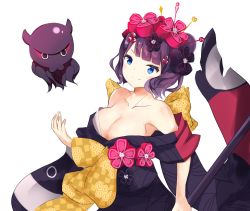 Rule 34 | 1girl, absurdres, bare shoulders, blue eyes, blush, breasts, collarbone, commentary request, fate/grand order, fate (series), flower, hair flower, hair ornament, highres, japanese clothes, katsushika hokusai (fate), kimono, large breasts, looking at viewer, octopus, purple hair, short hair, simple background, smile, solo, white background, yukaa