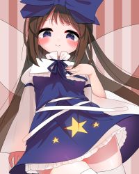 Rule 34 | 1girl, absurdres, blue bow, blue dress, blue eyes, blush, bow, brown hair, closed mouth, cowboy shot, dress, fairy, fairy wings, hair bow, highres, housulu, long hair, long sleeves, smile, solo, star sapphire, striped, striped background, thighhighs, thighs, touhou, vertical stripes, white thighhighs, wide sleeves, wings