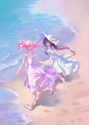 Rule 34 | 2girls, akemi homura, alternate costume, bare arms, barefoot, beach, bow, braid, dress, facing another, footprints, frilled dress, frilled sleeves, frills, from above, front-tie top, full body, glasses, hair bow, hand on headwear, hand up, hat, hat bow, hei yu, highres, holding hands, kaname madoka, long hair, looking at another, mahou shoujo madoka magica, mahou shoujo madoka magica (anime), multiple girls, ocean, outdoors, pink dress, pink hair, purple eyes, red-framed eyewear, running, sand, short hair, short sleeves, short twintails, shoulder blades, smile, sun hat, sundress, twin braids, twintails, water, white dress, white headwear