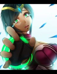 Rule 34 | 1girl, bare shoulders, breasts, brown hair, circlet, cleavage, facial mark, fingerless gloves, gloves, karma (league of legends), large breasts, league of legends, letterboxed, oldlim, outstretched arm, short hair, solo, tears