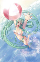 Rule 34 | 1girl, ;d, aqua eyes, aqua hair, armpits, arms up, ball, bare arms, bare legs, bare shoulders, barefoot, beach, beachball, bikini, bouncing breasts, breasts, butt crack, collarbone, foreshortening, from above, full body, highres, kyoumu (huangf91), leg up, looking at viewer, looking up, medium breasts, ocean, one eye closed, open mouth, original, purple bikini, sand, shore, side-tie bikini bottom, smile, solo, spread fingers, standing, standing on one leg, swimsuit, throwing, tsurime