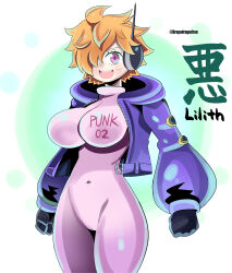 Rule 34 | 1girl, bodysuit, breasts, covered navel, curvy, dragodragodran, feet out of frame, gloves, hair over one eye, highres, jacket, large breasts, looking at viewer, one piece, orange hair, pink bodysuit, pink eyes, purple jacket, shiny clothes, vegapunk lilith, wide hips