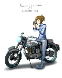 Rule 34 | 1girl, boots, brown eyes, brown hair, camera, canon (company), folded ponytail, highres, holding, holding camera, jinkou-kuu, kickstand, motor vehicle, motorcycle, norton es2, original, shirt, solo, striped clothes, striped shirt, white background