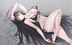 Rule 34 | 1girl, bare shoulders, bikini, black bikini, black hair, blue archive, blunt bangs, blush, breasts, cleavage, collarbone, hair ornament, hairclip, halo, high heels, highres, large breasts, long hair, looking at viewer, lying, matsuryuu, navel, on back, red eyes, rio (blue archive), solo, swimsuit, thighs, very long hair