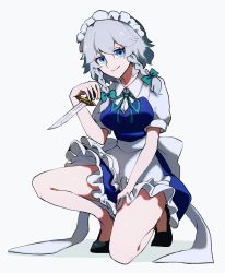 Rule 34 | 1girl, apron, back bow, black footwear, blue dress, blue eyes, bow, braid, breasts, closed mouth, collared shirt, dagger, dress, eyelashes, flats, full body, green ribbon, hair ribbon, highres, holding, holding dagger, holding knife, holding weapon, iganashi1, izayoi sakuya, kneeling, knife, large breasts, looking at viewer, maid, maid apron, maid headdress, neck ribbon, on one knee, puffy short sleeves, puffy sleeves, ribbon, sash, shirt, short sleeves, sidelocks, silver hair, simple background, smile, solo, touhou, tress ribbon, twin braids, weapon, white apron, white background, white sash, white shirt, wing collar