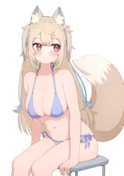 Rule 34 | 1girl, :3, animal ear fluff, animal ears, bikini, blonde hair, blue hair, blue nails, blush, breasts, cleavage, commentary, dog ears, dog girl, dog tail, fang, fuwawa abyssgard, hair between eyes, halterneck, highres, hololive, hololive english, large breasts, long hair, looking at viewer, looking to the side, multicolored hair, navel, nezunayu, red eyes, side-tie bikini bottom, simple background, sitting, skindentation, solo, streaked hair, swimsuit, tail, virtual youtuber, white background