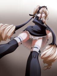Rule 34 | 1girl, ass, avelixir, bad id, bad pixiv id, bare shoulders, blonde hair, blue eyes, detached sleeves, ekaterina kurae, from below, gothic lolita, hairband, lolita fashion, long hair, looking back, perspective, seikon no qwaser, smirk, solo, thighhighs, thighs, twintails, very long hair