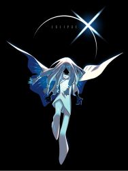 black_background black_skin blue_cape cape colored_skin eclipse eda english_text full_body glowing long_hair low-tied_long_hair sky:_children_of_the_light sky_child solo two-sided_cape two-sided_fabric white_cape white_hair