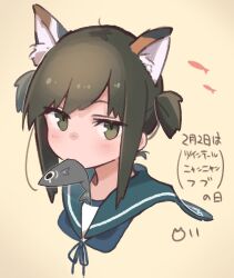 Rule 34 | 1girl, animal ear fluff, animal ears, artist logo, black hair, blue neckerchief, blue sailor collar, brown background, brown eyes, cat day, cat ears, commentary request, fish, fubuki (kancolle), highres, kantai collection, looking at viewer, ma rukan, medium hair, mouth hold, neckerchief, sailor collar, short twintails, sidelocks, solo, translation request, twintails, upper body