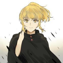 Rule 34 | 1girl, artist request, bad link, black cloak, blonde hair, cloak, closed mouth, freckles, long hair, looking at viewer, ponytail, rachel (tower of god), solo, tower of god, white background, yellow eyes
