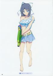 10s 1girl absurdres bare_shoulders bikini bikini_skirt blue_eyes blue_hair bow breasts collarbone female_focus floral_print flower full_body hair_bow highres large_breasts midriff non-web_source official_art page_number scan senran_kagura senran_kagura_peach_beach_splash simple_background solo standing swimsuit water_gun white_background yaegashi_nan yumi_(senran_kagura)