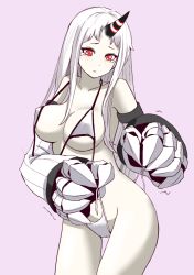 Rule 34 | 10s, 1girl, abyssal ship, bikini, breasts, claws, collarbone, colored skin, detached sleeves, female focus, horns, kantai collection, large breasts, long sleeves, pale skin, red eyes, seaport princess, shimouki izui, simple background, single horn, slingshot swimsuit, solo, swimsuit, tears, underboob, untied bikini, white hair, white skin, wide sleeves