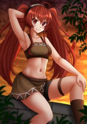 Rule 34 | 1girl, ahoge, arm behind head, arm up, bike shorts, black shorts, blurry, blurry foreground, blush, breasts, brick wall, brown skirt, brown socks, commentary, depth of field, eris greyrat, feet out of frame, grin, hair between eyes, highres, kazenokaze, long hair, looking at viewer, medium breasts, mushoku tensei, navel, on wall, outdoors, red eyes, red hair, short shorts, shorts, shorts under skirt, sitting, skirt, smile, socks, solo, sunset, twintails, very long hair