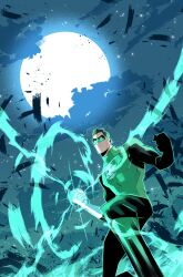 Rule 34 | 1boy, bodysuit, cloud, cloudy sky, commentary, damaged, dc comics, debris, dust, energy, english commentary, full moon, george kambadais, gloves, glowing, green bodysuit, green lantern, green lantern (series), highres, male focus, mask, moon, muscular, muscular male, night, outdoors, rubble, ruins, science fiction, short hair, sky