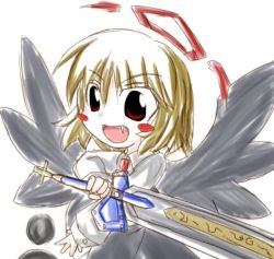 Rule 34 | 1girl, blonde hair, embodiment of scarlet devil, ex-rumia, female focus, lowres, red eyes, rumia, solo, sword, touhou, upper body, weapon, white background