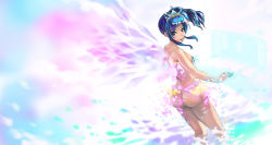 Rule 34 | 1girl, :p, ass, blue eyes, blue hair, comic-z, covering nipples, covering privates, fairy, fairy wings, from behind, hair ornament, long hair, looking at viewer, looking back, matching hair/eyes, nude, original, sidelocks, solo, tongue, tongue out, wading, wings